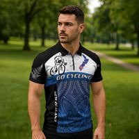Personalised Cycling New Zealand Zipper Polo Shirt Aotearoa Map Fern Maori Pattern LT22 - Polynesian Pride