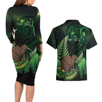 Kiwi New Zealand Personalised Couples Matching Long Sleeve Bodycon Dress and Hawaiian Shirt Aotearoa Map Silver Fern Koru Pattern LT22 - Polynesian Pride