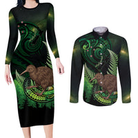 Kiwi New Zealand Personalised Couples Matching Long Sleeve Bodycon Dress and Long Sleeve Button Shirt Aotearoa Map Silver Fern Koru Pattern LT22 Green - Polynesian Pride