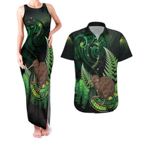 Kiwi New Zealand Personalised Couples Matching Tank Maxi Dress and Hawaiian Shirt Aotearoa Map Silver Fern Koru Pattern LT22 Green - Polynesian Pride