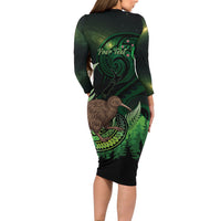Kiwi New Zealand Personalised Long Sleeve Bodycon Dress Aotearoa Map Silver Fern Koru Pattern