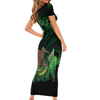 Kiwi New Zealand Personalised Short Sleeve Bodycon Dress Aotearoa Map Silver Fern Koru Pattern