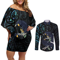 New Zealand Huia Bird Couples Matching Off Shoulder Short Dress and Long Sleeve Button Shirt Paua Shell Maori Pattern LT22 Black - Polynesian Pride