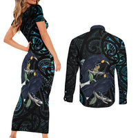 New Zealand Huia Bird Couples Matching Short Sleeve Bodycon Dress and Long Sleeve Button Shirt Paua Shell Maori Pattern LT22 - Polynesian Pride