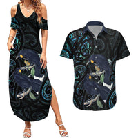 New Zealand Huia Bird Couples Matching Summer Maxi Dress and Hawaiian Shirt Paua Shell Maori Pattern LT22 Black - Polynesian Pride