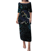 New Zealand Huia Bird Family Matching Puletasi and Hawaiian Shirt Paua Shell Maori Pattern LT22 Mom's Dress Black - Polynesian Pride