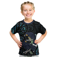 New Zealand Huia Bird Kid T Shirt Paua Shell Maori Pattern