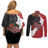 Kiwi New Zealand Personalised Couples Matching Off Shoulder Short Dress and Long Sleeve Button Shirt NZ Map Pohutukawa Fern Maori Pattern LT22 - Polynesian Pride