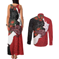 Kiwi New Zealand Personalised Couples Matching Tank Maxi Dress and Long Sleeve Button Shirt NZ Map Pohutukawa Fern Maori Pattern LT22 - Polynesian Pride