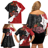 Kiwi New Zealand Personalised Family Matching Off Shoulder Short Dress and Hawaiian Shirt NZ Map Pohutukawa Fern Maori Pattern LT22 - Polynesian Pride