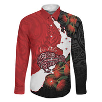 Kiwi New Zealand Personalised Family Matching Summer Maxi Dress and Hawaiian Shirt NZ Map Pohutukawa Fern Maori Pattern LT22 Dad's Shirt - Long Sleeve Red - Polynesian Pride