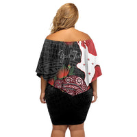 Kiwi New Zealand Personalised Off Shoulder Short Dress NZ Map Pohutukawa Fern Maori Pattern LT22 - Polynesian Pride