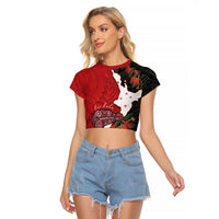 Kiwi New Zealand Personalised Raglan Cropped T Shirt NZ Map Pohutukawa Fern Maori Pattern LT22 Female Red - Polynesian Pride