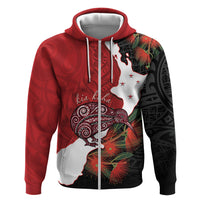Kiwi New Zealand Personalised Zip Hoodie NZ Map Pohutukawa Fern Maori Pattern LT22 Zip Hoodie Red - Polynesian Pride