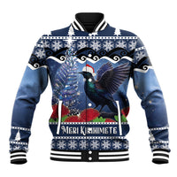 New Zealand Tui Bird Christmas Baseball Jacket Pohutukawa Xmas Tree Meri Kirihimete LT22 Unisex Blue - Polynesian Pride