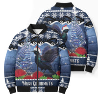 New Zealand Tui Bird Christmas Bomber Puffer Jacket Pohutukawa Xmas Tree Meri Kirihimete LT22 - Polynesian Pride