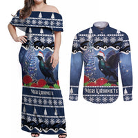 New Zealand Tui Bird Christmas Couples Matching Off Shoulder Maxi Dress and Long Sleeve Button Shirt Pohutukawa Xmas Tree Meri Kirihimete LT22 Blue - Polynesian Pride
