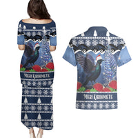 New Zealand Tui Bird Christmas Couples Matching Puletasi and Hawaiian Shirt Pohutukawa Xmas Tree Meri Kirihimete LT22 - Polynesian Pride