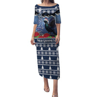 New Zealand Tui Bird Christmas Family Matching Puletasi and Hawaiian Shirt Pohutukawa Xmas Tree Meri Kirihimete LT22 Mom's Dress Blue - Polynesian Pride