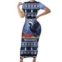 New Zealand Tui Bird Christmas Family Matching Short Sleeve Bodycon Dress and Hawaiian Shirt Pohutukawa Xmas Tree Meri Kirihimete LT22 Mom's Dress Blue - Polynesian Pride