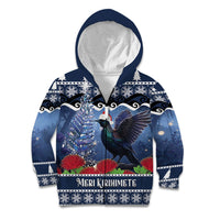 New Zealand Tui Bird Christmas Kid Hoodie Pohutukawa Xmas Tree Meri Kirihimete LT22 Zip Hoodie Blue - Polynesian Pride