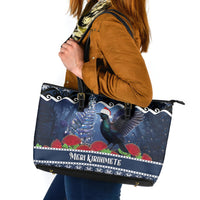 New Zealand Tui Bird Christmas Leather Tote Bag Pohutukawa Xmas Tree Meri Kirihimete LT22 Blue - Polynesian Pride