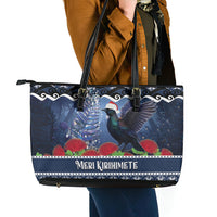 New Zealand Tui Bird Christmas Leather Tote Bag Pohutukawa Xmas Tree Meri Kirihimete LT22 - Polynesian Pride