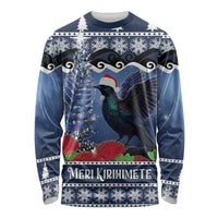 New Zealand Tui Bird Christmas Long Sleeve Shirt Pohutukawa Xmas Tree Meri Kirihimete LT22 Unisex Blue - Polynesian Pride