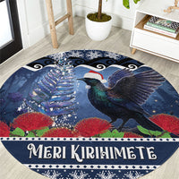 New Zealand Tui Bird Christmas Round Carpet Pohutukawa Xmas Tree Meri Kirihimete LT22 Blue - Polynesian Pride