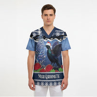 New Zealand Tui Bird Christmas Scrub Top Pohutukawa Xmas Tree Meri Kirihimete LT22 - Polynesian Pride