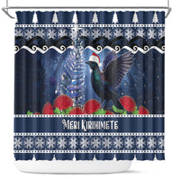 New Zealand Tui Bird Christmas Shower Curtain Pohutukawa Xmas Tree Meri Kirihimete LT22 Blue - Polynesian Pride