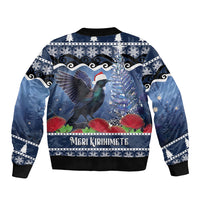 New Zealand Tui Bird Christmas Sleeve Zip Bomber Jacket Pohutukawa Xmas Tree Meri Kirihimete LT22 - Polynesian Pride