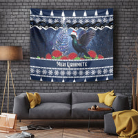 New Zealand Tui Bird Christmas Tapestry Pohutukawa Xmas Tree Meri Kirihimete LT22 Blue - Polynesian Pride