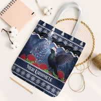 New Zealand Tui Bird Christmas Tote Bag Pohutukawa Xmas Tree Meri Kirihimete LT22 White Strap One Size Blue - Polynesian Pride