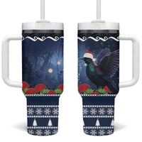New Zealand Tui Bird Christmas Tumbler With Handle Pohutukawa Xmas Tree Meri Kirihimete LT22 One Size: 40 oz Blue - Polynesian Pride