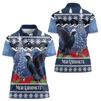 New Zealand Tui Bird Christmas Women Polo Shirt Pohutukawa Xmas Tree Meri Kirihimete LT22 - Polynesian Pride