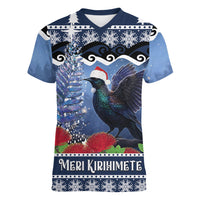 New Zealand Tui Bird Christmas Women V-Neck T-Shirt Pohutukawa Xmas Tree Meri Kirihimete LT22 Female Blue - Polynesian Pride