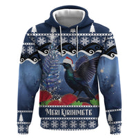 New Zealand Tui Bird Christmas Zip Hoodie Pohutukawa Xmas Tree Meri Kirihimete LT22 Pullover Hoodie Blue - Polynesian Pride