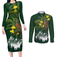 Kea Bird Kowhai New Zealand Couples Matching Long Sleeve Bodycon Dress and Long Sleeve Button Shirt Mountain Landscape Maori Art LT22 Green - Polynesian Pride