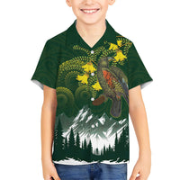 Kea Bird Kowhai New Zealand Family Matching Long Sleeve Bodycon Dress and Hawaiian Shirt Mountain Landscape Maori Art LT22 Son's Shirt Green - Polynesian Pride