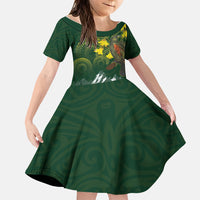 Kea Bird Kowhai New Zealand Family Matching Off Shoulder Maxi Dress and Hawaiian Shirt Mountain Landscape Maori Art LT22 Daughter's Dress Green - Polynesian Pride