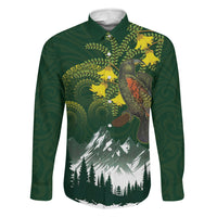 Kea Bird Kowhai New Zealand Family Matching Summer Maxi Dress and Hawaiian Shirt Mountain Landscape Maori Art LT22 Dad's Shirt - Long Sleeve Green - Polynesian Pride