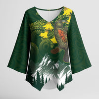 Kea Bird Kowhai New Zealand Kimono Sleeve Blouse Mountain Landscape Maori Art LT22 Female Green - Polynesian Pride