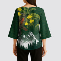 Kea Bird Kowhai New Zealand Kimono Sleeve Blouse Mountain Landscape Maori Art LT22 - Polynesian Pride