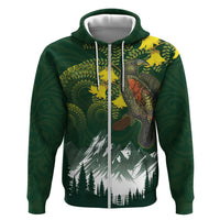 Kea Bird Kowhai New Zealand Zip Hoodie Mountain Landscape Maori Art LT22 Zip Hoodie Green - Polynesian Pride