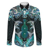 New Zealand Kotiate Weapon Family Matching Off Shoulder Short Dress and Hawaiian Shirt Aotearoa Mango Paua Shell Maori Pattern LT22 Dad's Shirt - Long Sleeve Blue - Polynesian Pride