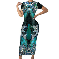 New Zealand Kotiate Weapon Family Matching Short Sleeve Bodycon Dress and Hawaiian Shirt Aotearoa Mango Paua Shell Maori Pattern LT22 Mom's Dress Blue - Polynesian Pride