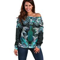 New Zealand Kotiate Weapon Off Shoulder Sweater Aotearoa Mango Paua Shell Maori Pattern LT22 Women Blue - Polynesian Pride