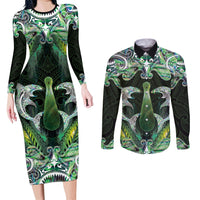 New Zealand Mere Pounamu Weapon Couples Matching Long Sleeve Bodycon Dress and Long Sleeve Button Shirt Aotearoa Mango Paua Shell Maori Pattern LT22 Green - Polynesian Pride