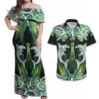 New Zealand Mere Pounamu Weapon Couples Matching Off Shoulder Maxi Dress and Hawaiian Shirt Aotearoa Mango Paua Shell Maori Pattern LT22 Green - Polynesian Pride